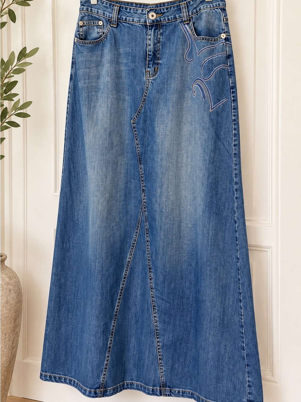 Kit Kat Y2K Embroidered Denim Maxi Skirt Size 38